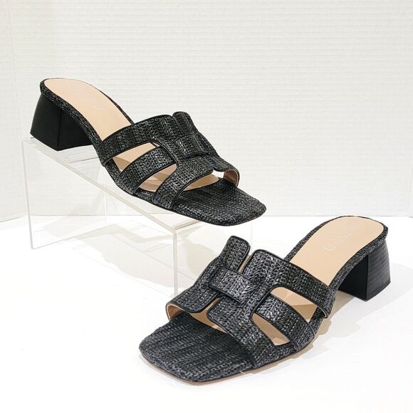 Silent D Piper Raffia Womens Sandals Size 41 US 9.5 10 Black Block Slide Heels - Picture 1 of 14